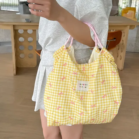 Koreanischer Stil Weiche Baumwolle Karierte Tote Bag Frisch Süß Bedruckt Schleife Kordelzug Handtasche Große Kapazität Pendler Schultasche Für Damen Studenten