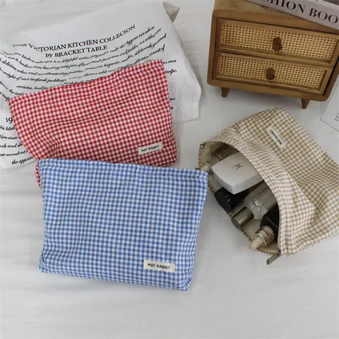 Korean Style Simple Checkered Fabric Cosmetic Bag Large Capacity Travel Toiletry Makeup Storage Organizer Handbag For Women