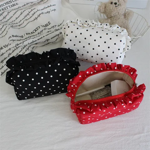 Nylon Gepunktet Kosmetiktasche Süße Rüschenkante Make-Up Tasche Große Kapazität Reißverschluss Reise Aufbewahrungstasche Clutch Für Damen