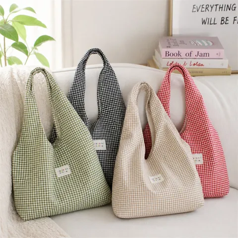 Women Gingham Plaid Tote Bag Large Capacity Polyester Shoulder Bag Sweet Lazy Style Vest Bag Daily Commute Casual Handbag