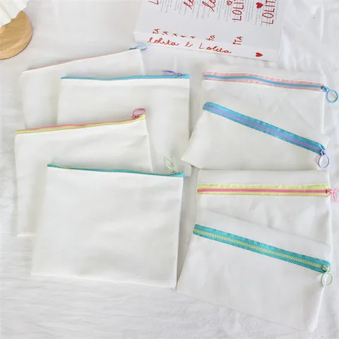 Plain White Canvas Pencil Case DIY Blank Zipper Pouch Minimalist Portable Coin Purse Stationery Storage Bag For School Office