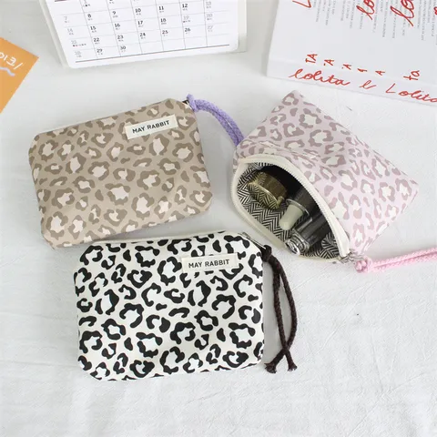 Leopard Print Zipper Coin Purse Portable Ins Style Mini Wallet With Hand Strap Polyester Fabric Small Storage Pouch For Women