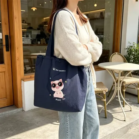 Bolso Tote para Mujer con Bordado de Cerdo Animado Gran Capacidad de Poliéster Bolso de Hombro con Cordón para Estudiantes