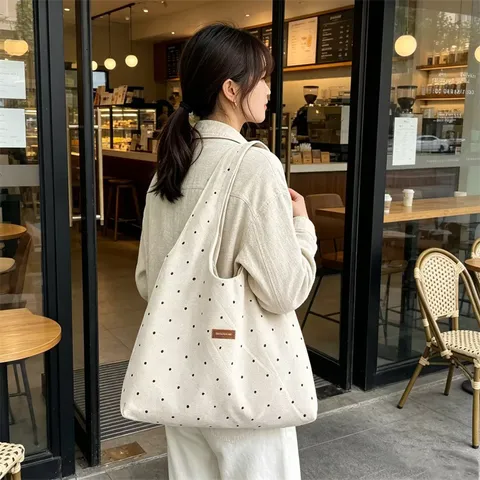 Vintage Faux Suede Polka Dot Tote Bag For Women Large Capacity Casual Shoulder Bag Simple Versatile Underarm Vest Bag