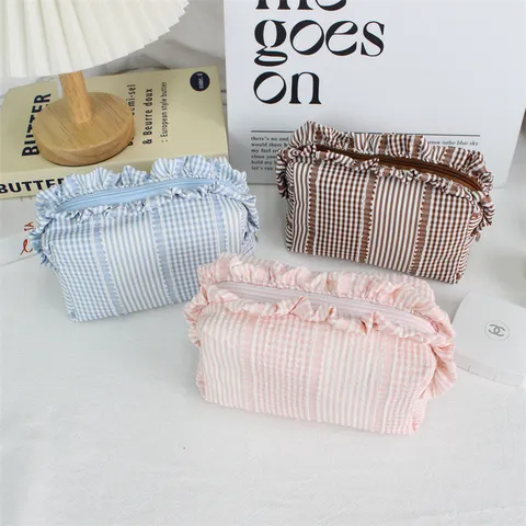 Koreaanse Stijl Rüschenrand Geplooid Polyester Penetui Gestreept Kariert Grote Capaciteit Make-up Tas Draagbare Opslagtas Voor School Reizen Unisex