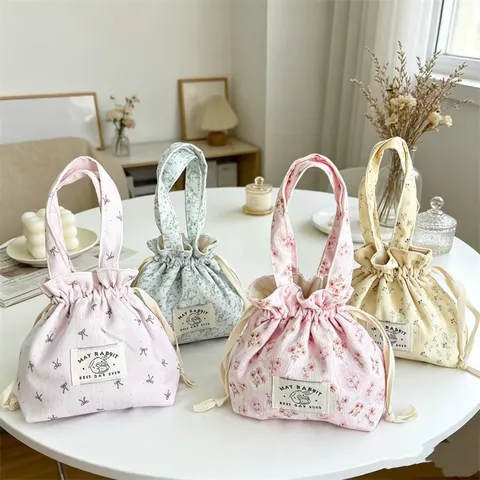 Lindo Bolso de Mano de Pana con Cordón Estampado Floral Lazo Forro de Lona Pequeña Bolsa de Almacenamiento Diario Mujeres Chicas