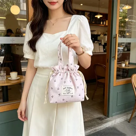 Lindo Bolso de Mano de Pana con Cordón Estampado Floral Lazo Forro de Lona Pequeña Bolsa de Almacenamiento Diario Mujeres Chicas