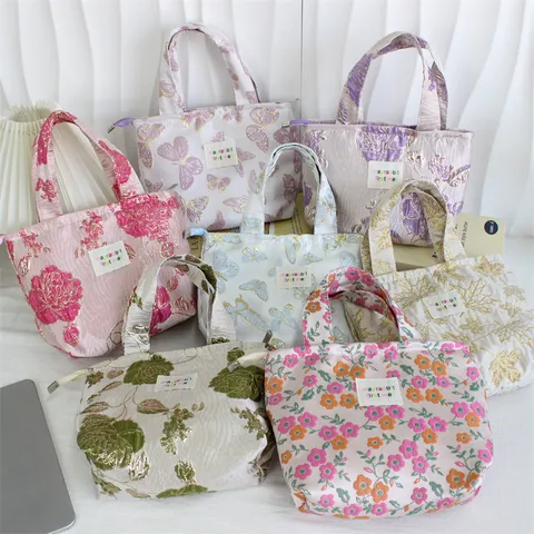 Vintage Jacquard Embossed Floral Handbag For Women Casual Office Lunch Box Tote Bag Fashion Polyester Zip Top Handle Bag Travel Pouch