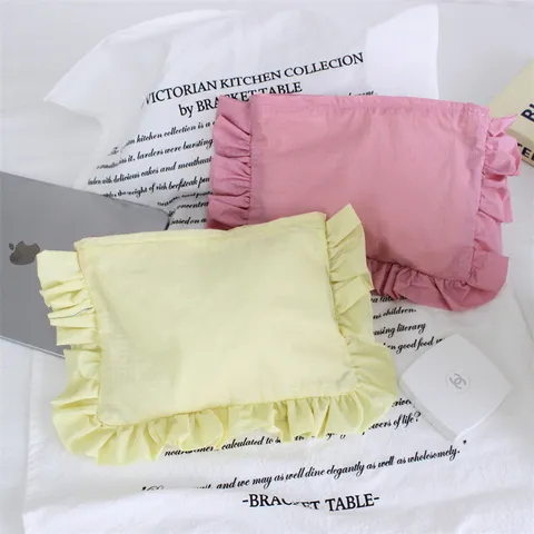 Nylon Wasserdicht Kariert Kosmetiktasche Süß Niedlich Rüschenkante Handtasche Große Kapazität Tragbare Aufbewahrungstasche Reise Make-up Organizer