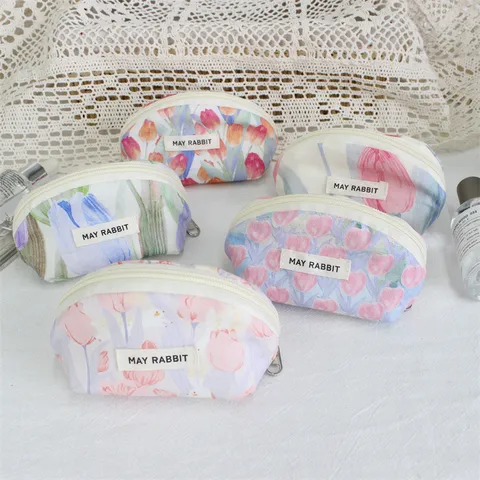 Cute Shell Shaped Cotton Coin Purse Fresh Floral Polka Dot Print Makeup Bag Lipstick Pouch With Zipper Closure For Women
