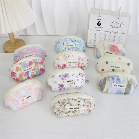 Cute Shell Shaped Cotton Coin Purse Fresh Floral Polka Dot Print Makeup Bag Lipstick Pouch With Zipper Closure For Women