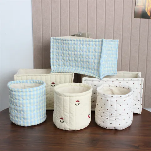 Ins Style Quilted Fabric Desktop Storage Basket Mushroom Heart Embroidery Pattern Cloth Organizer Bin For Makeup Toys Snacks