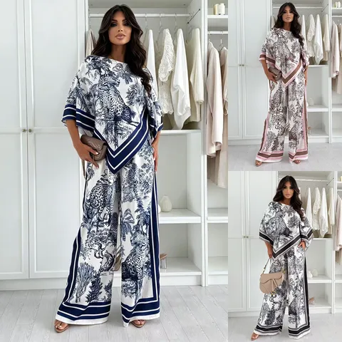 Women Vintage Toile De Jouy Print Top And Bottom Polyester Irregular Batwing Sleeve Top Wide Leg Pants Elegant Summer Outfit