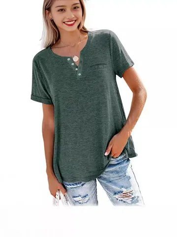 Women's V Neck Short Sleeve T-Shirt Loose Casual Henley Tee Top With Pocket Patchwork Polyester Summer Apparel