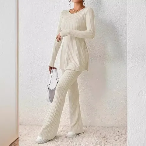 Conjunto de Dos Piezas de Punto Acanalado Informal para Mujer Color Sólido Top de Manga Larga con Cuello Redondo y Pantalones de Campana de Cintura Alta Ropa de Descanso