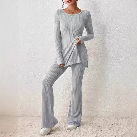 Conjunto de Dos Piezas de Punto Acanalado Informal para Mujer Color Sólido Top de Manga Larga con Cuello Redondo y Pantalones de Campana de Cintura Alta Ropa de Descanso