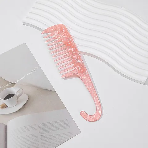 Wide Tooth Hair Comb Retro Marble Checkered Hook Handle PVC Massage Hairbrush Anti-Static Portable Hair Styling Tool For Women