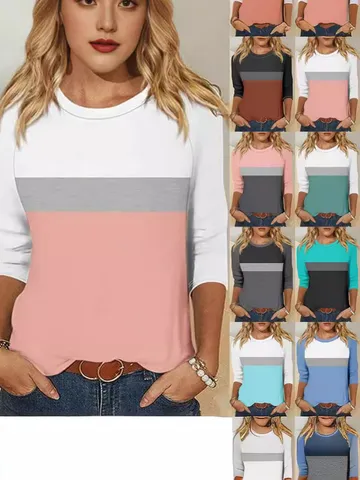 Women's Casual Colorblock Spliced T-Shirt Basic Round Neck Three Quarter Sleeve Regular Fit Polyester Top
