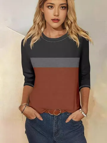 Women's Casual Colorblock Spliced T-Shirt Basic Round Neck Three Quarter Sleeve Regular Fit Polyester Top