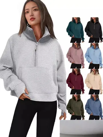 Women's Casual Long Sleeve Stand Collar Half Zip Solid Color Thickened Fleece Sweatshirt With Pocket Streetwear