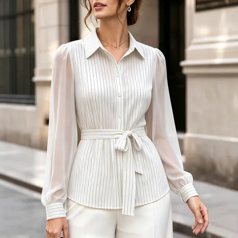 Women's Casual Striped Mesh Patchwork Long Sleeve Blouse Turn-Down Collar Waist-Cinching Elegant Commuter Shirt