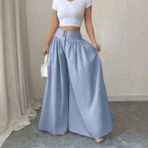 Women's High Waisted Wide Leg Casual Pants Loose Draped Triple Button Solid Color Summer Long Trousers