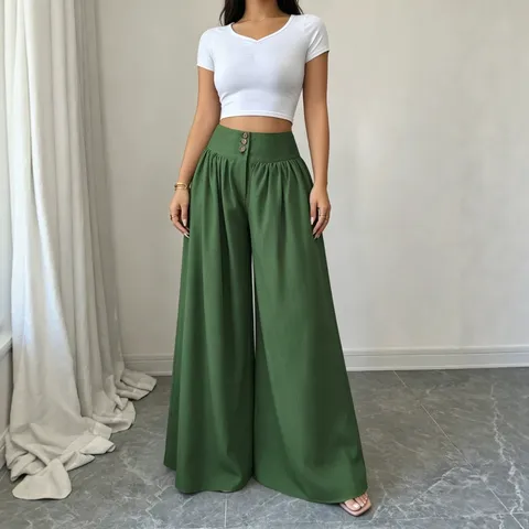 Women's High Waisted Wide Leg Casual Pants Loose Draped Triple Button Solid Color Summer Long Trousers