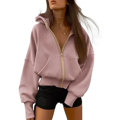 Women Casual Full Zip Hooded Sweatshirt Fleece Lined Long Sleeve Crop Top Autumn Winter Outerwear Solid Color