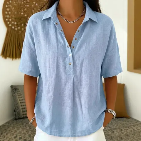 Women's Casual Ramie Solid Color Short Sleeve Blouse Loose Turn-Down Collar Button-Front Summer Shirt Top