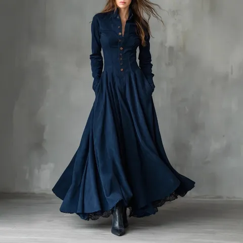 French Vintage Style Faux Suede Long Sleeve Maxi Dress Women Solid Color Lace Patchwork Elegant Button Casual Dress
