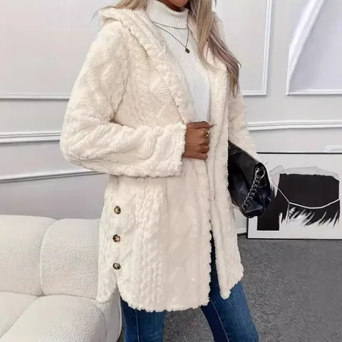 Women's Casual Fleece Hooded Cardigan Solid Color Long Sleeve Button Down Outerwear Winter Warm Sweatshirt Top