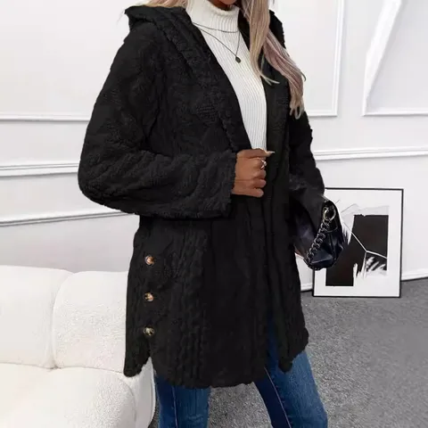 Women's Casual Fleece Hooded Cardigan Solid Color Long Sleeve Button Down Outerwear Winter Warm Sweatshirt Top