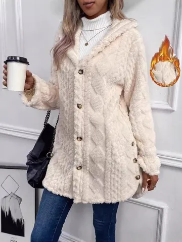Women's Winter Hooded Fleece Cardigan Long Sleeve Button Coat Casual Warm Outerwear
