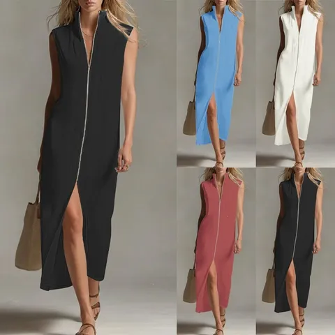 Mujer Casual Commuting Color Sólido Cuello Alto Sin Mangas Cremallera Delantera Abertura Vestido Largo Elegante Suelto Recto Maxi Vestido