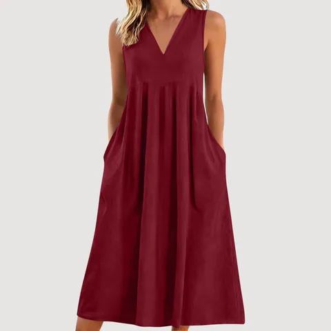 Women Casual Pure Cotton Solid Color V Neck Sleeveless Loose Maxi Dress Summer Pocket Long Dresses