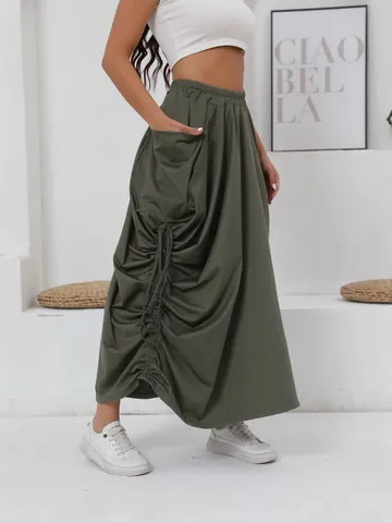 Women's Casual High Waist Solid Color Pleated Maxi Skirt Elastic Waist Drawstring Large Flare Cargo Long Skirt