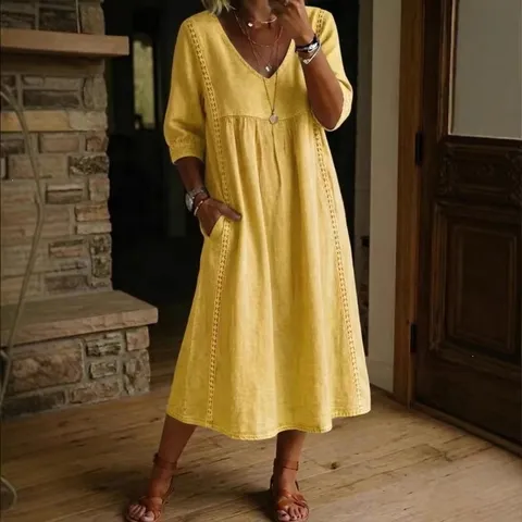 Women Casual Loose V-Neck Spliced Lace Cotton Linen Maxi Dress Solid Color Three-Quarter Sleeve Long Dress