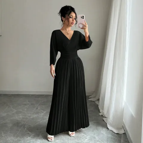 Women's Commuter Elegant V-Neck Long Sleeve High Waist Patchwork Wide-Leg Jumpsuit Solid Color Fashion Long Pants