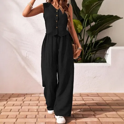 Women's Casual Solid Color V-Neck Vest And Wide Leg Pants Two Piece Set Summer Fashion Sleeveless Loose Outfit Streetwear