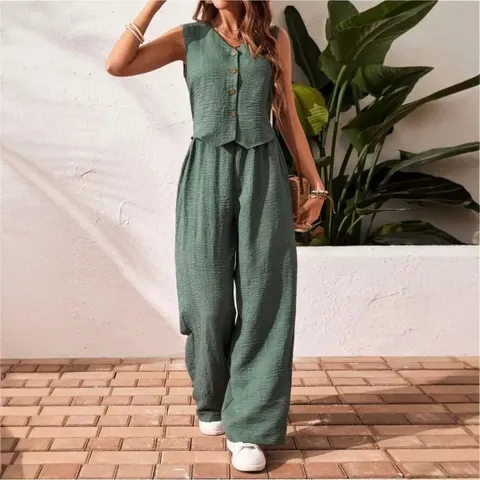 Women's Casual Solid Color V-Neck Vest And Wide Leg Pants Two Piece Set Summer Fashion Sleeveless Loose Outfit Streetwear