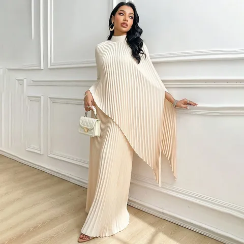 Women's Casual Loose Pleated Irregular Two Piece Skirt Set Long Sleeve O-Neck Elegant Commuting Top And Skirt Suit