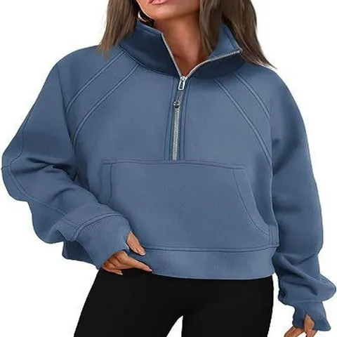 Women's Casual Long Sleeve Stand Collar Half Zip Solid Color Thickened Fleece Sweatshirt With Pocket Streetwear