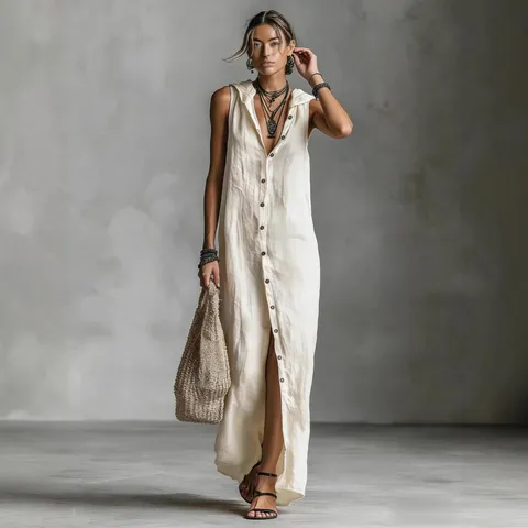 Women's Casual Loose Sleeveless Maxi Dress Single-Breasted Hooded Long Dress Summer Polyester Solid Color Fashion Apparel