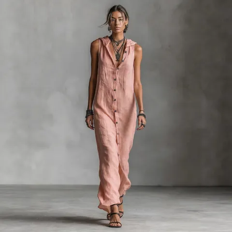 Women's Casual Loose Sleeveless Maxi Dress Single-Breasted Hooded Long Dress Summer Polyester Solid Color Fashion Apparel