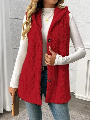 Women's Casual Solid Color Hooded Single-Breasted Fleece Vest Autumn Winter Sleeveless Regular Fit Outerwear