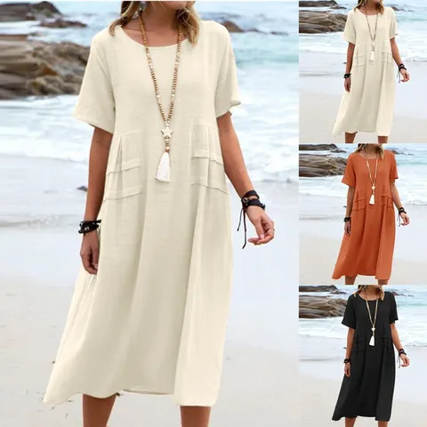 Women's Casual Linen Blend Solid Color Round Neck Short Sleeve Midi Dress