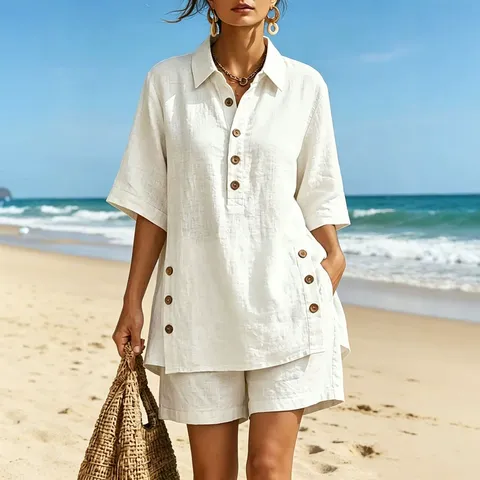 Women Casual Top And Bottom Set Short Sleeve Lapel Shirt And Shorts Button Solid Color Summer Outfit