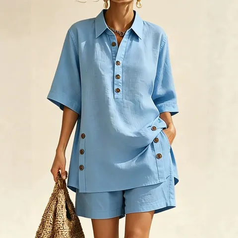 Women Casual Top And Bottom Set Short Sleeve Lapel Shirt And Shorts Button Solid Color Summer Outfit