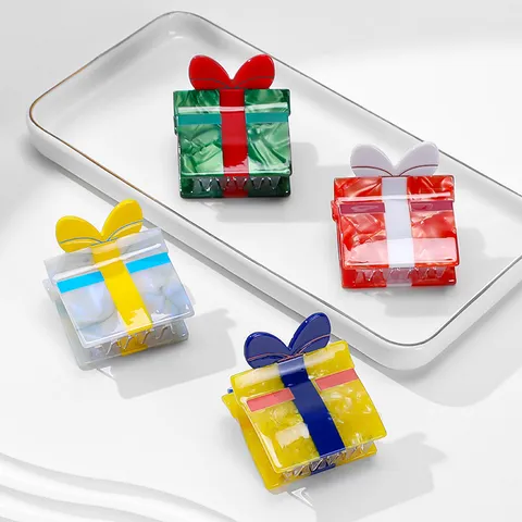 Original Design Celluloseacetat Geschenkbox-Form Haarklammer Hai Mit Schleife Patchwork Mode Haarspange Für Damen Täglich Styling