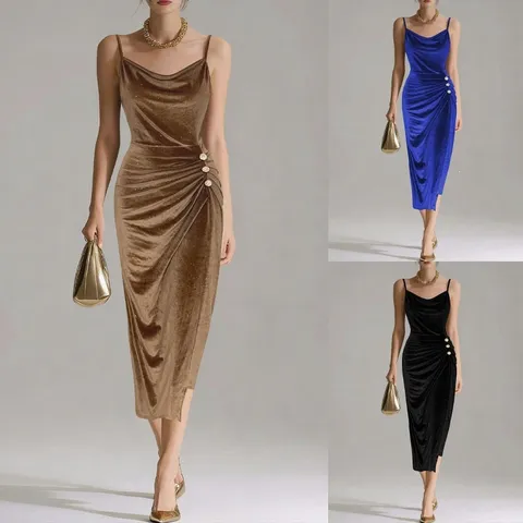 Γυναικείο Sexy Cowl Laimokopsi Skisma Bodycon Φόρεμα Monochromo Amaniko Metalliko Veloydo Midi Party Club